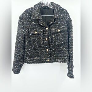 Marled Black Tweed Cropped Jacket Gold Button Boucle Blazer Size Large